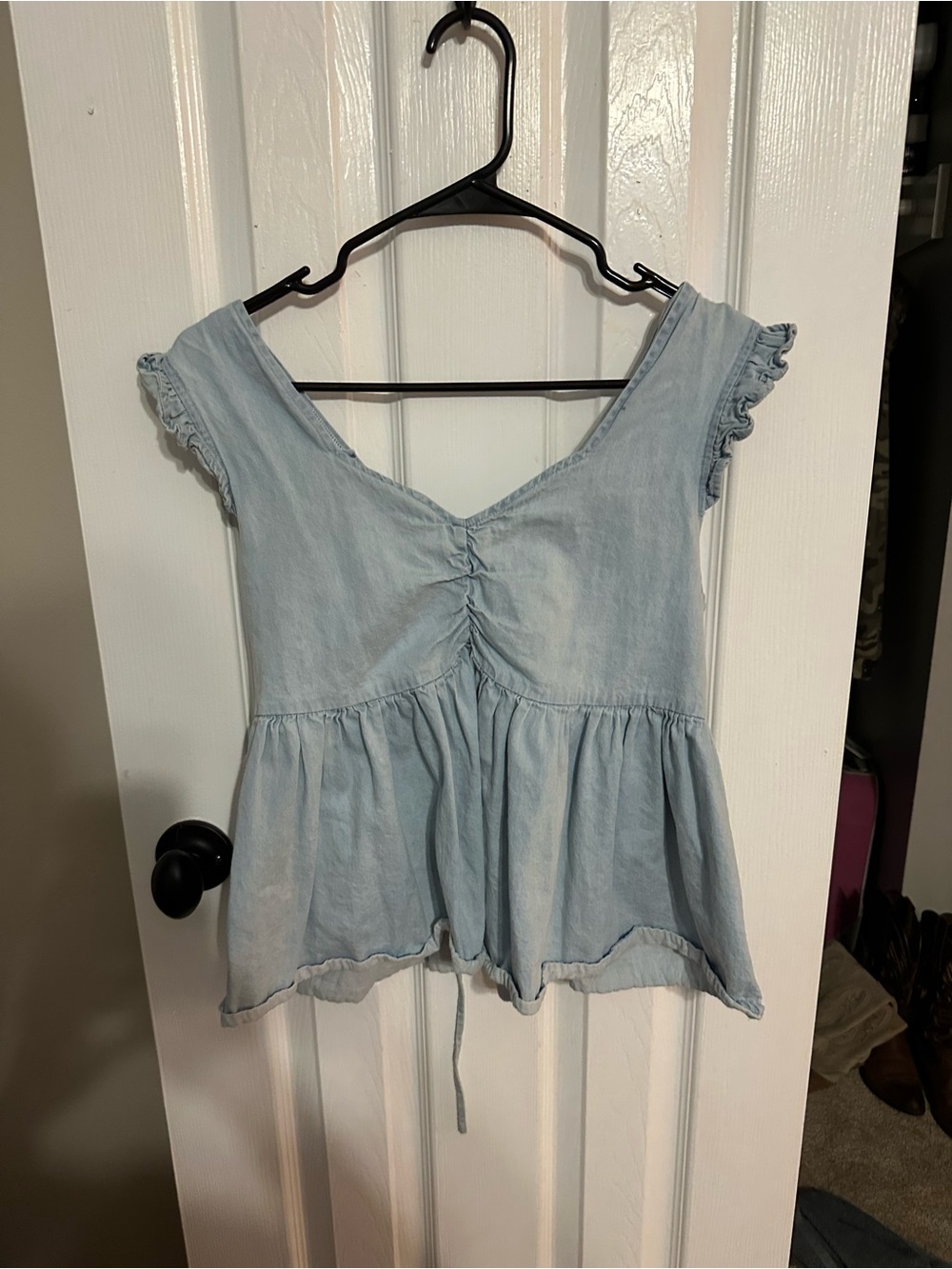 Molly Bracken Light Blue Chambray Peplum Ruffle Sleeve Top